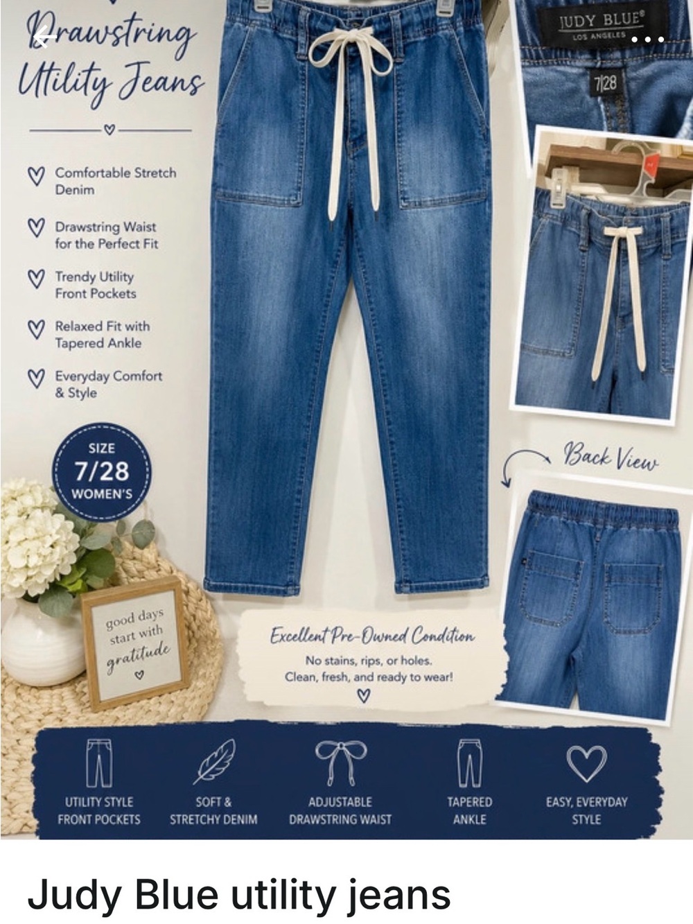 Judy Blue Medium Blue Drawstring Utility Jeans - Girls